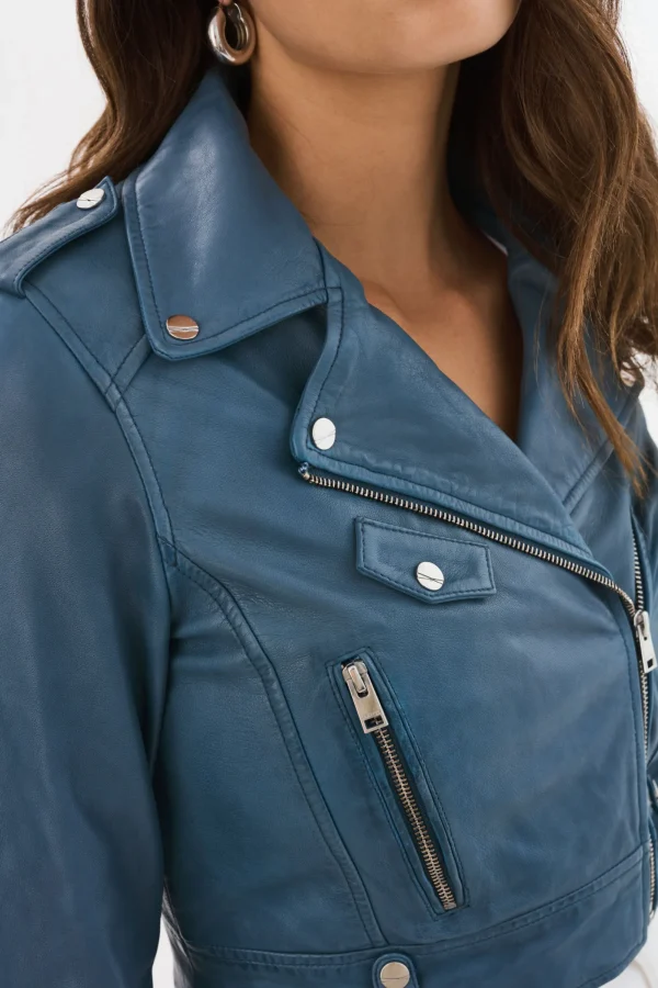 LAMARQUE Leather Jackets | CIARA | Cropped Leather Biker Jacket Slate Blue