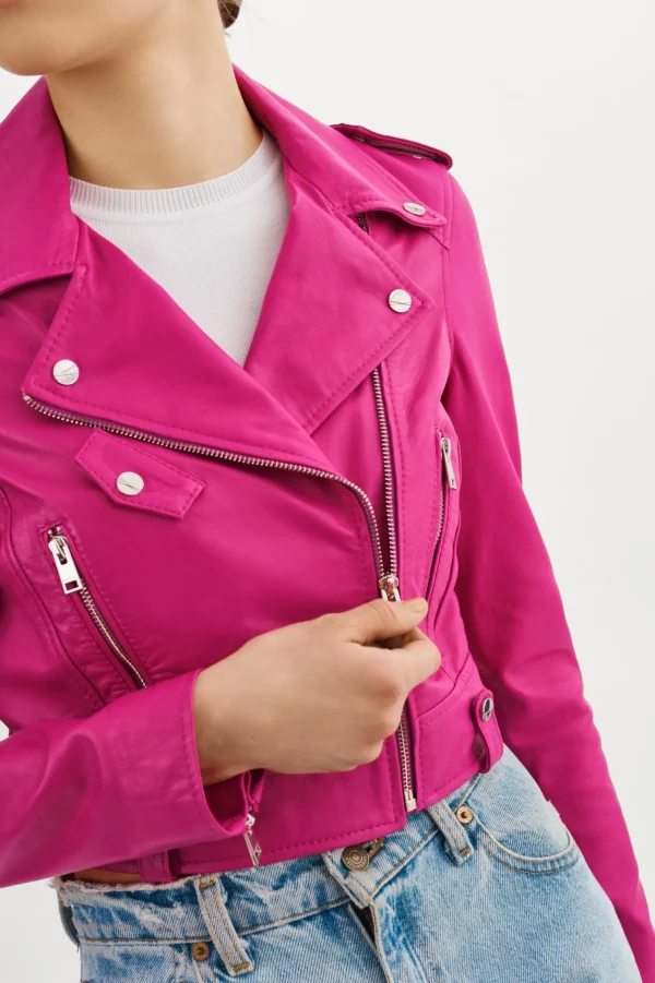 LAMARQUE Leather Jackets | CIARA | Cropped Leather Biker Jacket Fuchsia