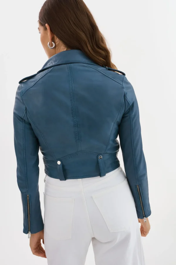 LAMARQUE Leather Jackets | CIARA | Cropped Leather Biker Jacket Slate Blue