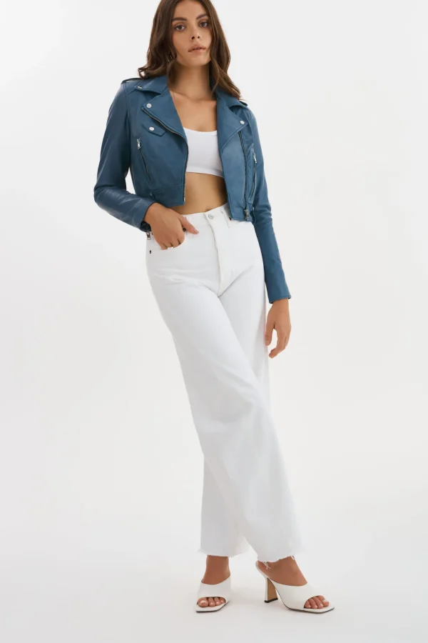 LAMARQUE Leather Jackets | CIARA | Cropped Leather Biker Jacket Slate Blue