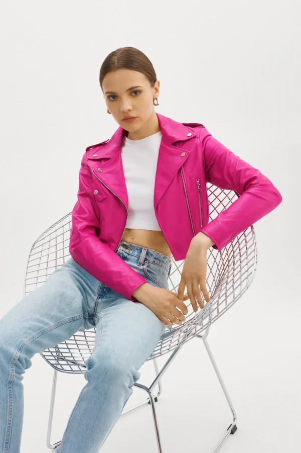 LAMARQUE Leather Jackets | CIARA | Cropped Leather Biker Jacket Fuchsia