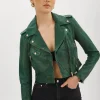 LAMARQUE Leather Jackets | CIARA GOLD | Cropped Leather Biker Jacket Bottle Green