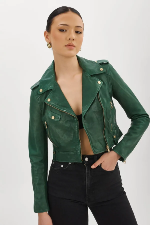 LAMARQUE Leather Jackets | CIARA GOLD | Cropped Leather Biker Jacket Bottle Green
