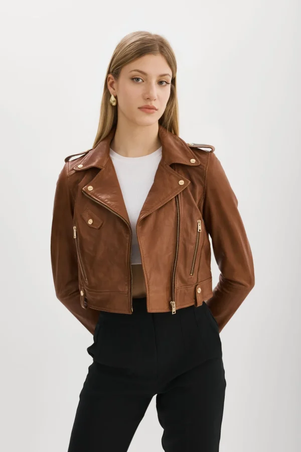 LAMARQUE Leather Jackets | CIARA GOLD | Cropped Leather Biker Jacket Luggage