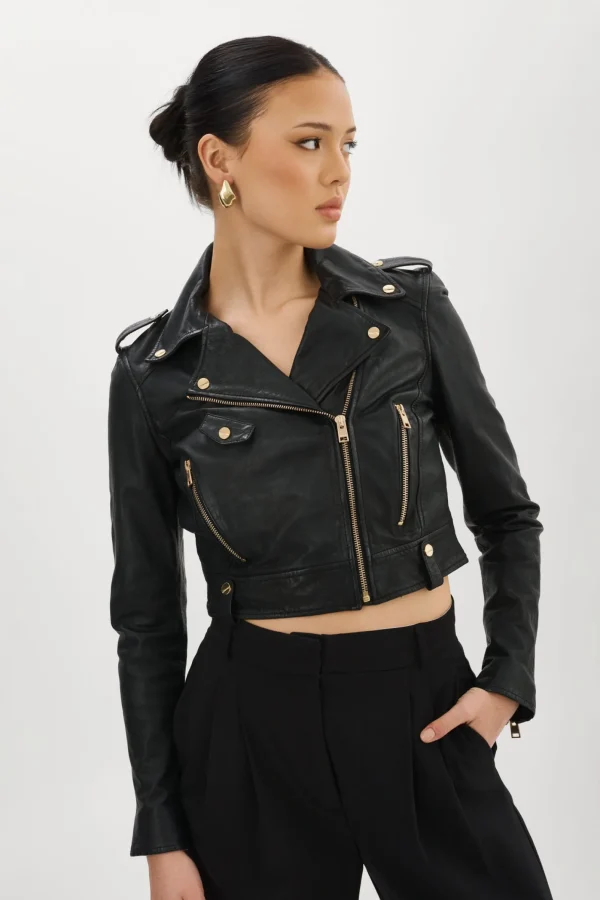 LAMARQUE Leather Jackets | CIARA GOLD | Cropped Leather Biker Jacket Black