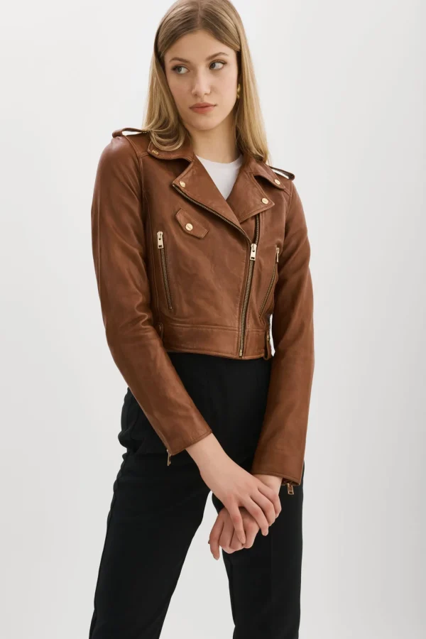 LAMARQUE Leather Jackets | CIARA GOLD | Cropped Leather Biker Jacket Luggage