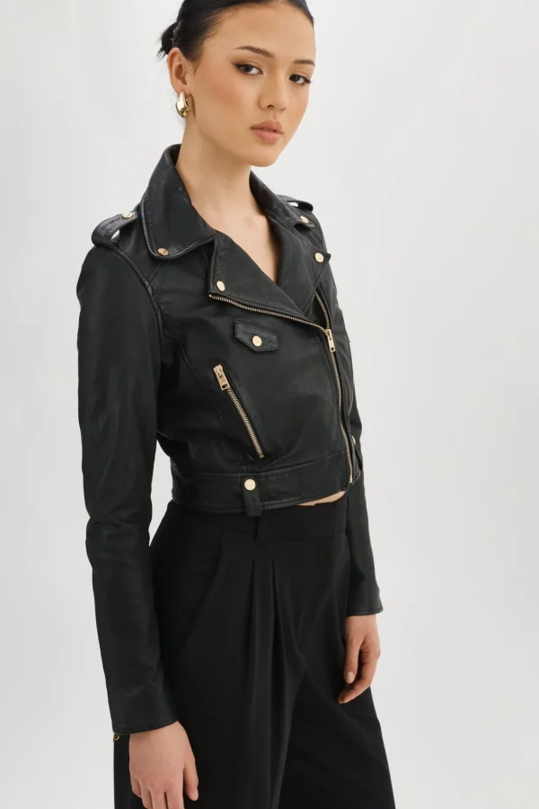 LAMARQUE Leather Jackets | CIARA GOLD | Cropped Leather Biker Jacket Black