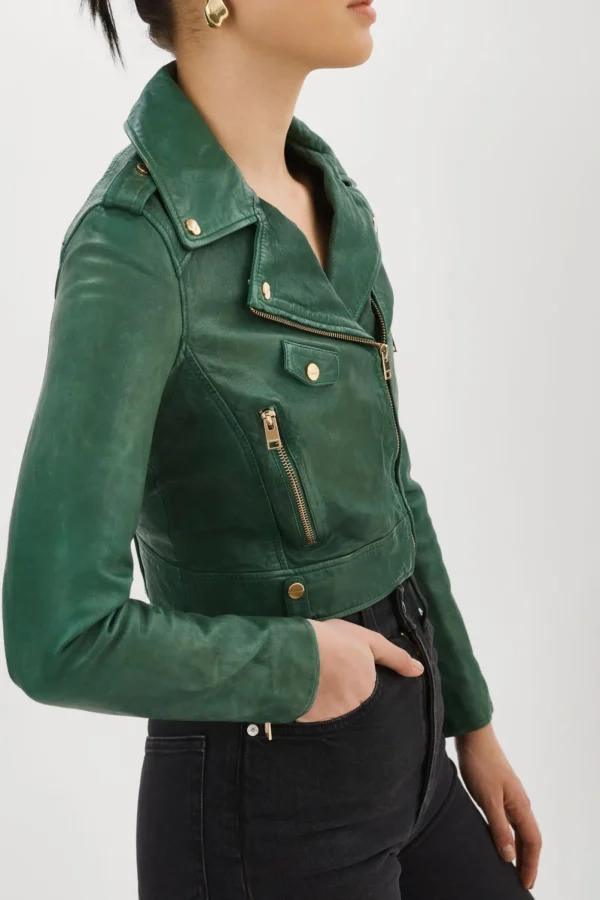 LAMARQUE Leather Jackets | CIARA GOLD | Cropped Leather Biker Jacket Bottle Green