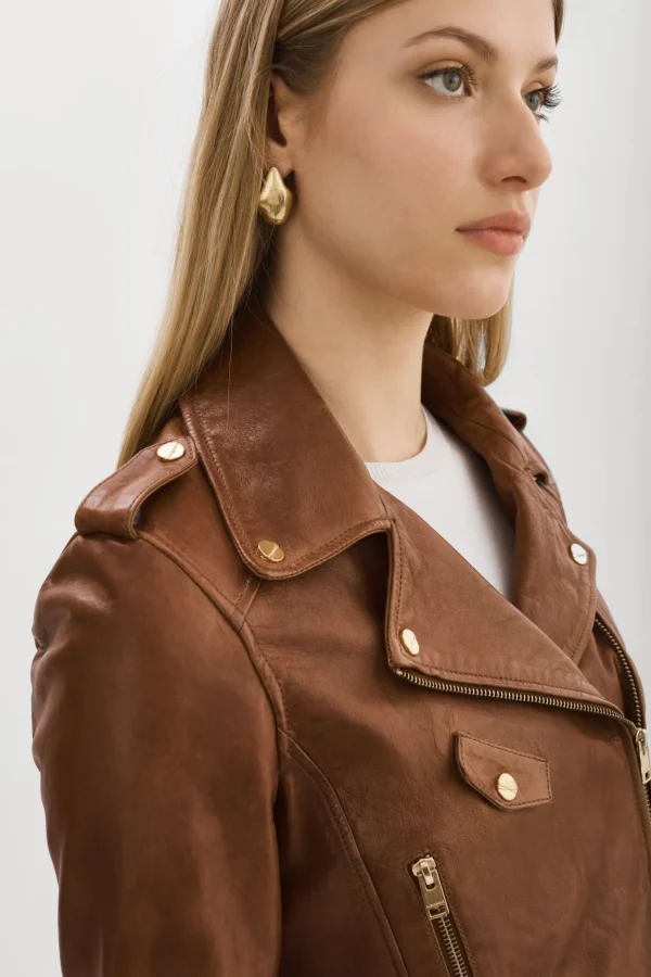 LAMARQUE Leather Jackets | CIARA GOLD | Cropped Leather Biker Jacket Luggage