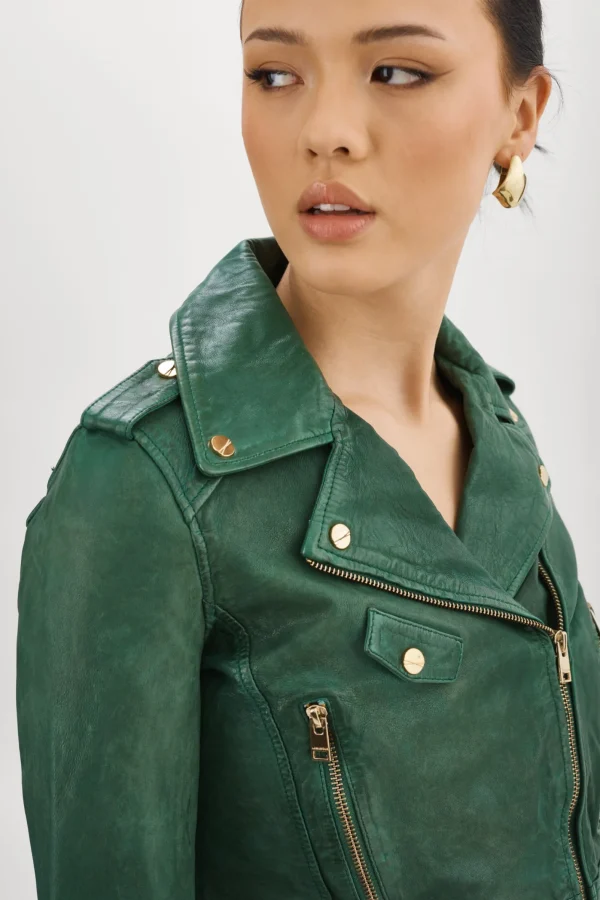 LAMARQUE Leather Jackets | CIARA GOLD | Cropped Leather Biker Jacket Bottle Green