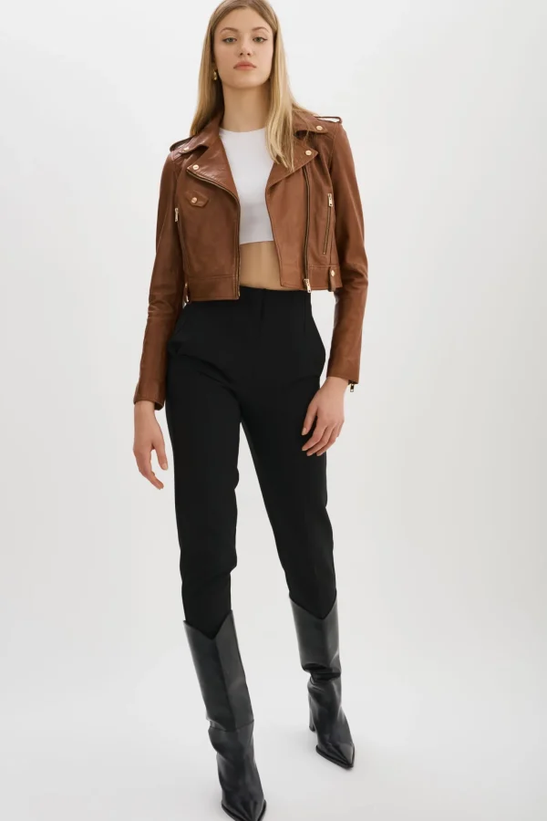 LAMARQUE Leather Jackets | CIARA GOLD | Cropped Leather Biker Jacket Luggage