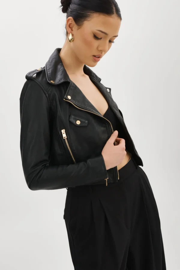 LAMARQUE Leather Jackets | CIARA GOLD | Cropped Leather Biker Jacket Black