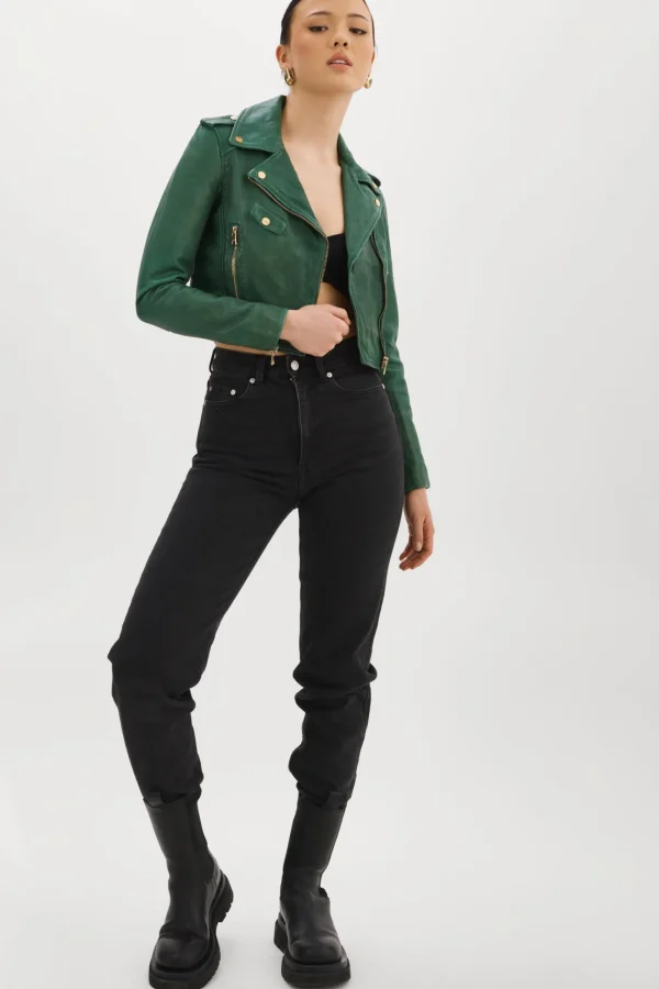 LAMARQUE Leather Jackets | CIARA GOLD | Cropped Leather Biker Jacket Bottle Green