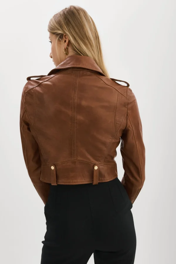 LAMARQUE Leather Jackets | CIARA GOLD | Cropped Leather Biker Jacket Luggage