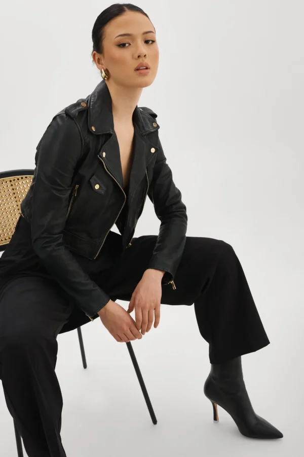 LAMARQUE Leather Jackets | CIARA GOLD | Cropped Leather Biker Jacket Black