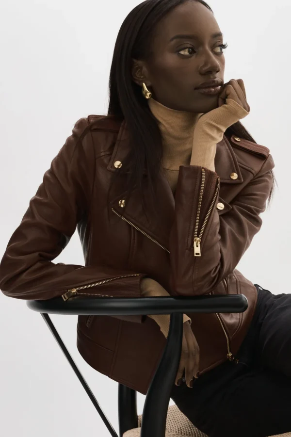 LAMARQUE Leather Jackets | DONNA GOLD | Iconic Leather Biker Jacket Chocolate