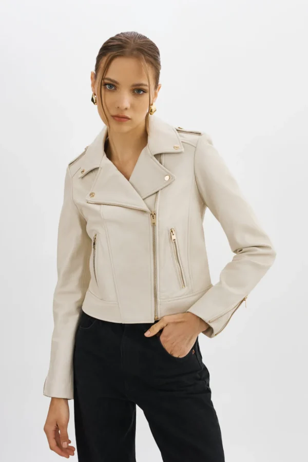 LAMARQUE Leather Jackets | DONNA GOLD | Iconic Leather Biker Jacket Bone