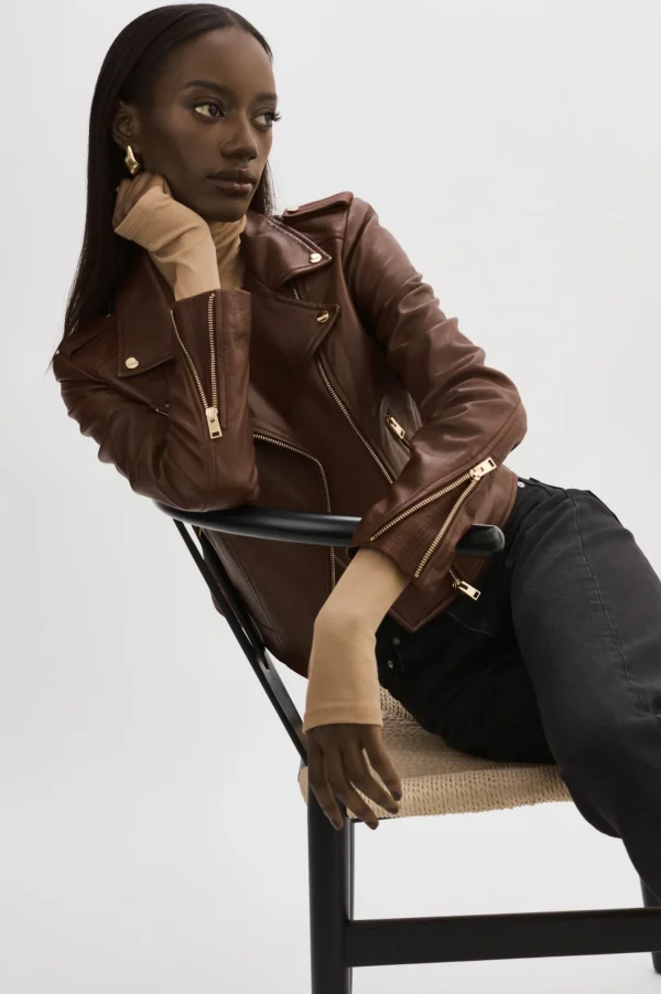 LAMARQUE Leather Jackets | DONNA GOLD | Iconic Leather Biker Jacket Chocolate