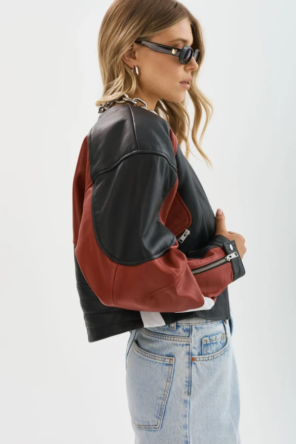 LAMARQUE Leather Jackets | DUSTIN | Leather Racer Jacket Black/Winter White/Ruby Red