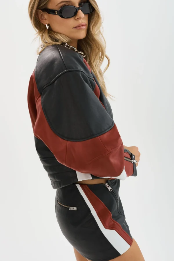 LAMARQUE Leather Jackets | DUSTIN | Leather Racer Jacket Black/Winter White/Ruby Red