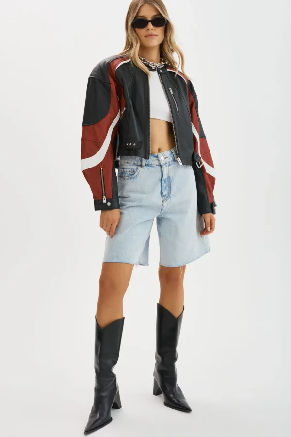 LAMARQUE Leather Jackets | DUSTIN | Leather Racer Jacket Black/Winter White/Ruby Red