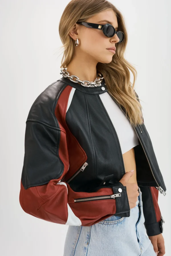 LAMARQUE Leather Jackets | DUSTIN | Leather Racer Jacket Black/Winter White/Ruby Red