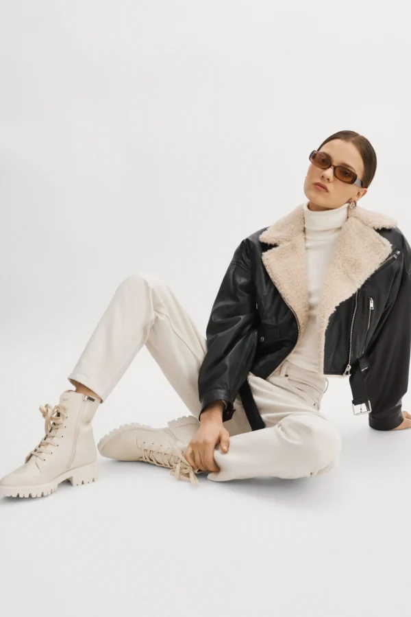LAMARQUE Leather Jackets | DYLAN | 80's Sherpa Leather Biker Jacket Black/Ecru