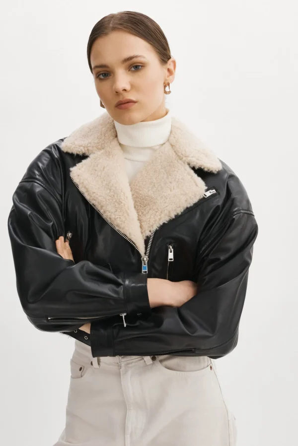LAMARQUE Leather Jackets | DYLAN | 80's Sherpa Leather Biker Jacket Black/Ecru