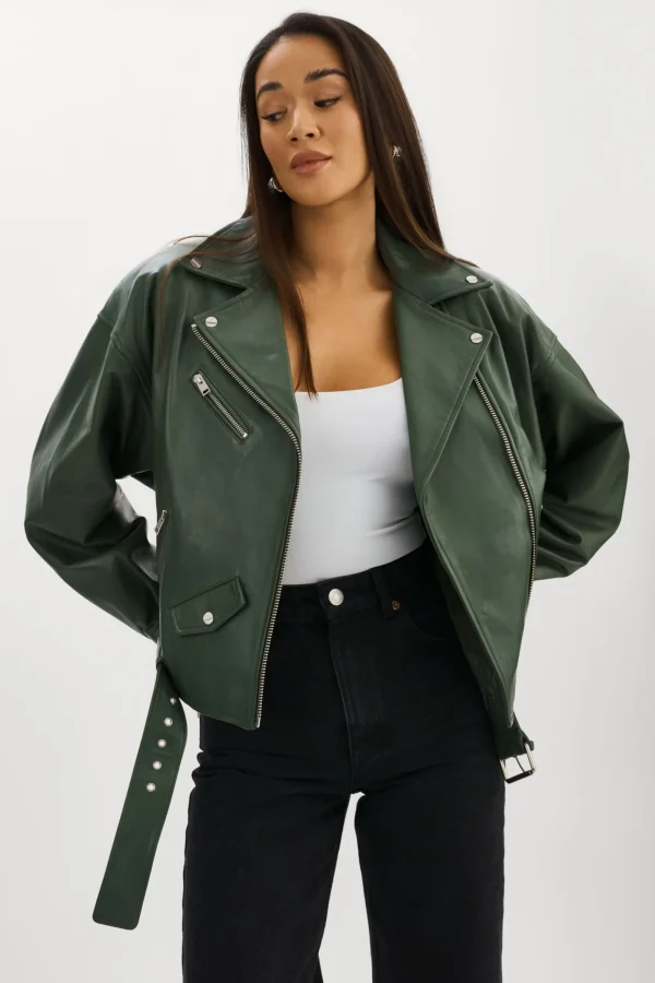 LAMARQUE Leather Jackets | ESTIA | Leather Biker Jacket Alpine Green