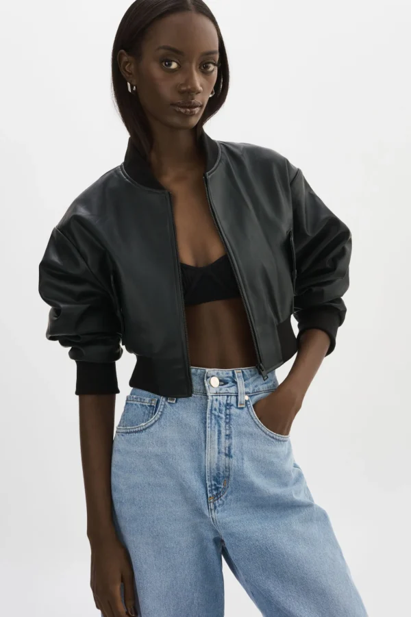 LAMARQUE Leather Jackets | EVELIN | Faux Leather Cropped Bomber Black