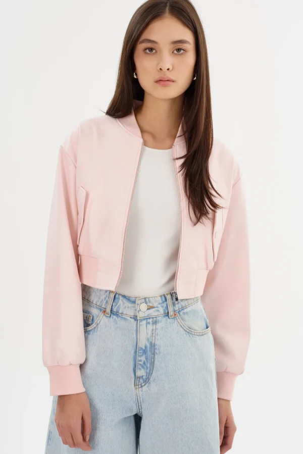 LAMARQUE Leather Jackets | EVELIN | Faux Leather Cropped Bomber Pink Puff