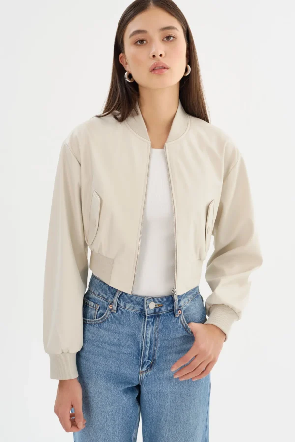 LAMARQUE Leather Jackets | EVELIN | Faux Leather Cropped Bomber Bone