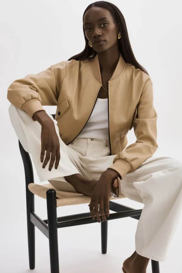LAMARQUE Leather Jackets | EVELIN | Faux Leather Cropped Bomber Wheat