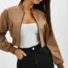 LAMARQUE Leather Jackets | EVELIN | Faux Leather Cropped Bomber Mocha