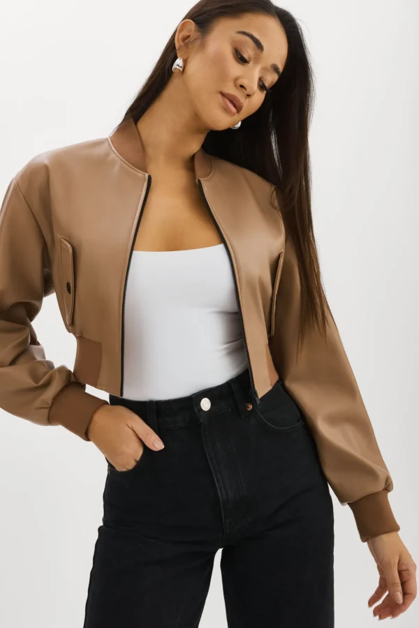 LAMARQUE Leather Jackets | EVELIN | Faux Leather Cropped Bomber Mocha