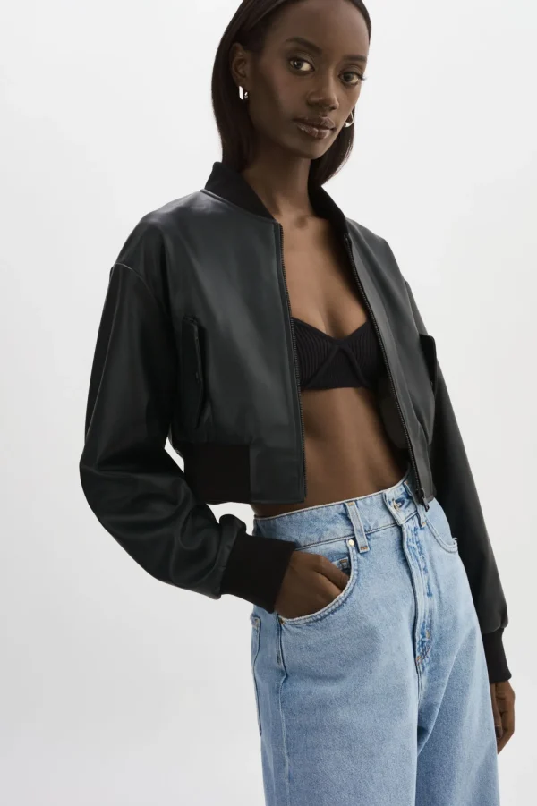 LAMARQUE Leather Jackets | EVELIN | Faux Leather Cropped Bomber Black