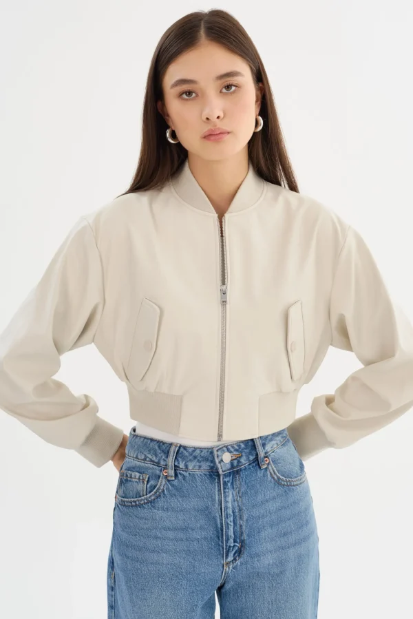 LAMARQUE Leather Jackets | EVELIN | Faux Leather Cropped Bomber Bone
