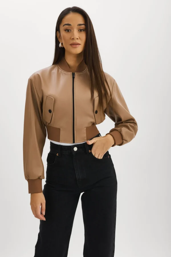 LAMARQUE Leather Jackets | EVELIN | Faux Leather Cropped Bomber Mocha