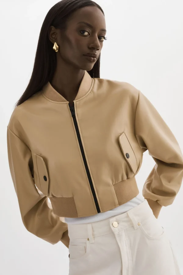 LAMARQUE Leather Jackets | EVELIN | Faux Leather Cropped Bomber Wheat
