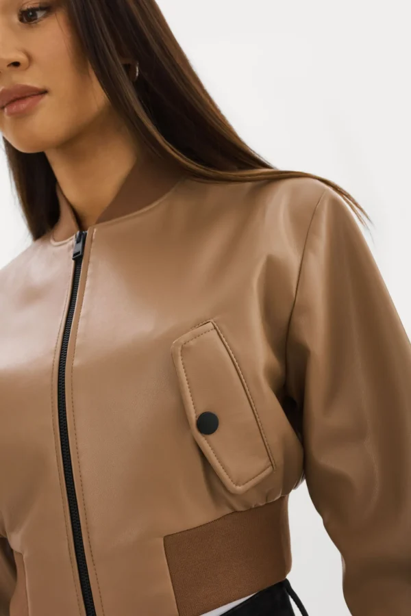 LAMARQUE Leather Jackets | EVELIN | Faux Leather Cropped Bomber Mocha