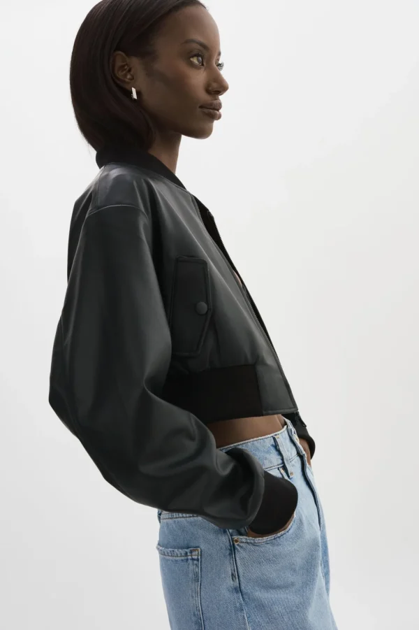 LAMARQUE Leather Jackets | EVELIN | Faux Leather Cropped Bomber Black