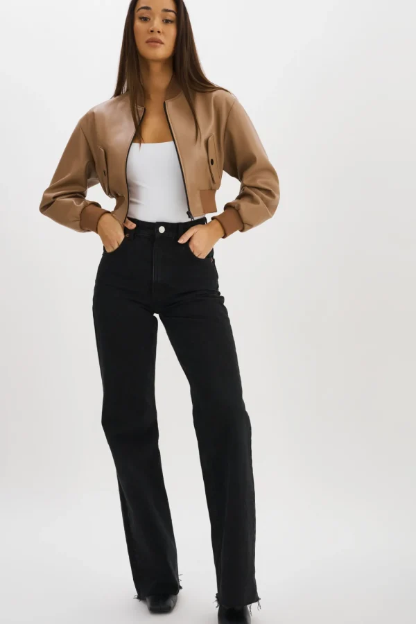 LAMARQUE Leather Jackets | EVELIN | Faux Leather Cropped Bomber Mocha