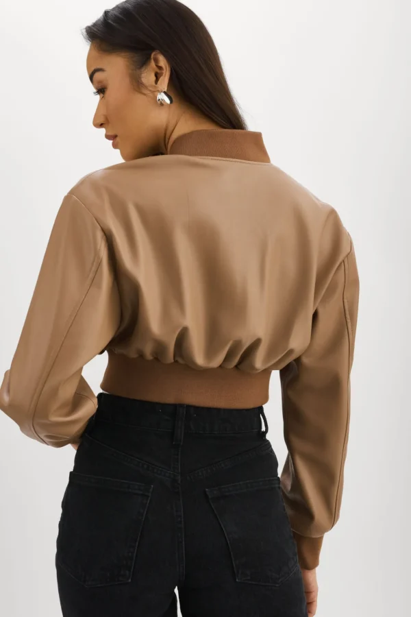 LAMARQUE Leather Jackets | EVELIN | Faux Leather Cropped Bomber Mocha