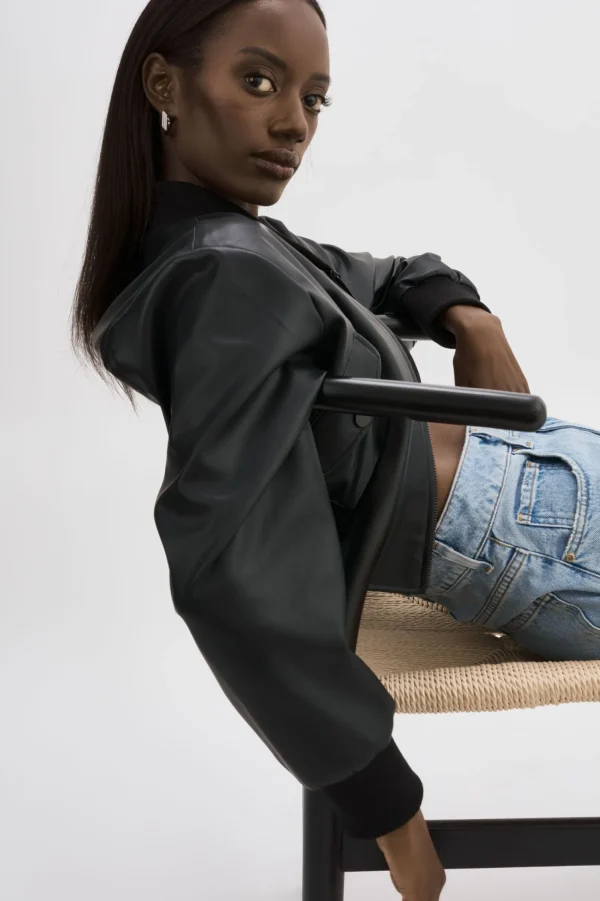 LAMARQUE Leather Jackets | EVELIN | Faux Leather Cropped Bomber Black