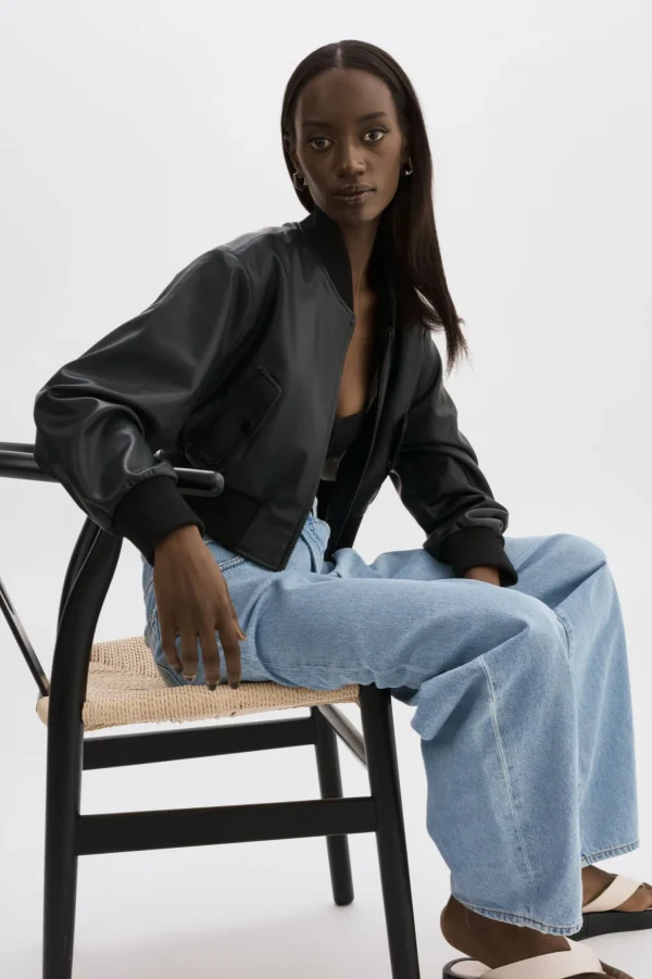 LAMARQUE Leather Jackets | EVELIN | Faux Leather Cropped Bomber Black