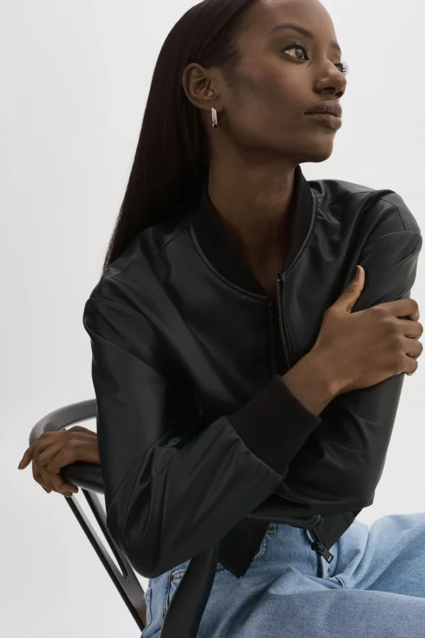 LAMARQUE Leather Jackets | EVELIN | Faux Leather Cropped Bomber Black