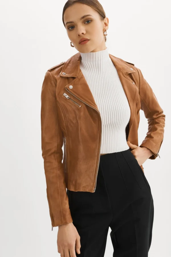 LAMARQUE Leather Jackets | HARPER | Fitted Leather Biker Jacket Luggage