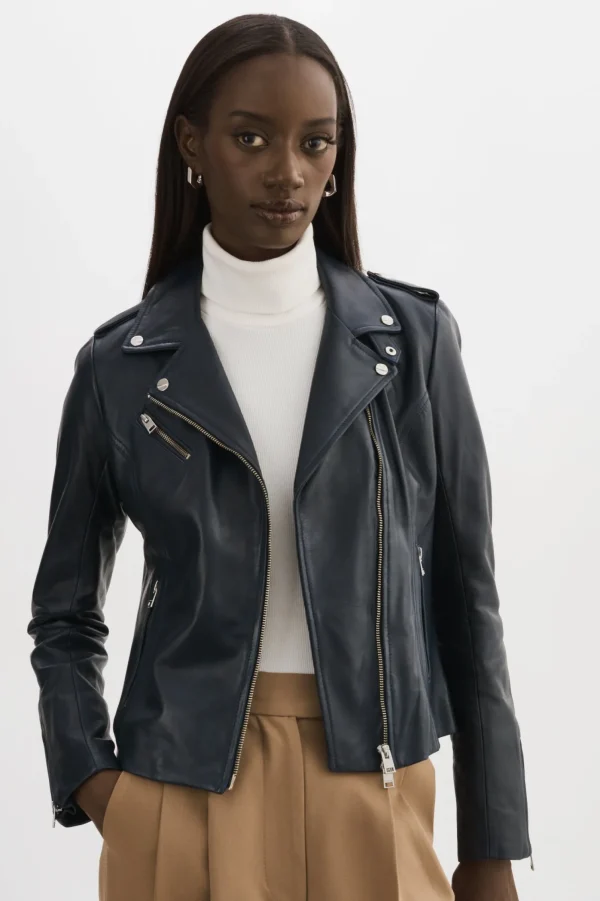 LAMARQUE Leather Jackets | HARPER | Fitted Leather Biker Jacket Navy