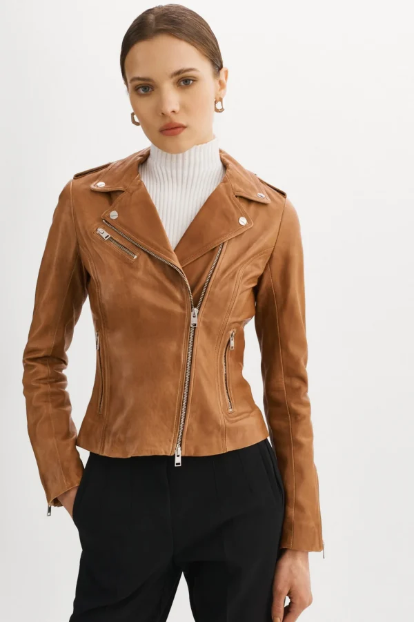 LAMARQUE Leather Jackets | HARPER | Fitted Leather Biker Jacket Luggage