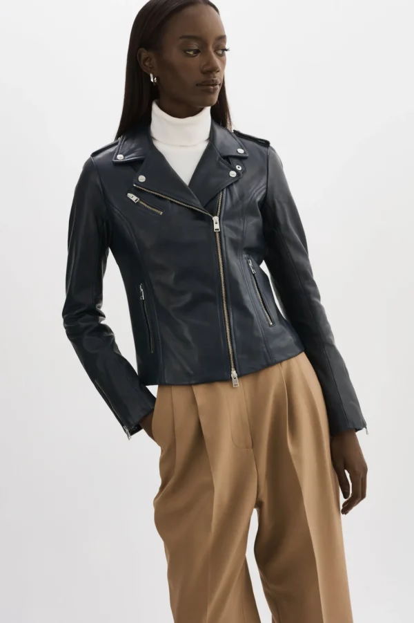 LAMARQUE Leather Jackets | HARPER | Fitted Leather Biker Jacket Navy